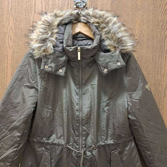 NEW Guess Grace Shiny Crinkle Nylon Parka Jacket Fur Trim Hood Size M Green - Picture 7 of 11